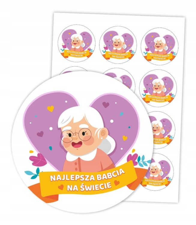Naklejki Najlepsza Babcia kolorowe 6cm 12 sztuk