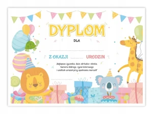 Dyplom Urodzinowy - URODZINKI 02 - ZWIERZAKI - Dyplomik dla dzieci A4