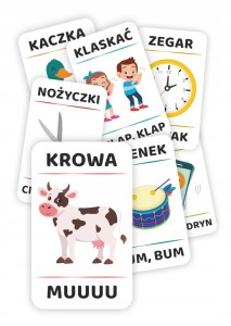 Karty Obrazki - ONOMATOPEJE - wyrazy dźwiękonaśladowcze dla dzieci 45 kart