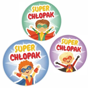 Naklejki na Dzień Chłopaka - Super Chłopak - upominek odznaka 6 cm 24 szt.