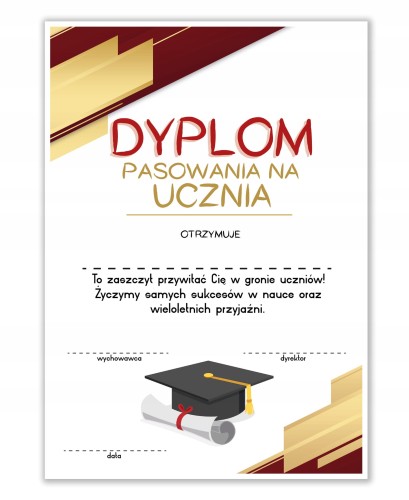 Dyplom pasowania na ucznia z biretem A4 dla pierwszoklasisty