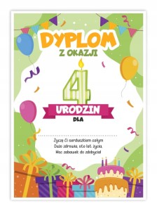 Dyplom Urodzinowy - Czwarte Urodzinki  - Dyplomik dla dzieci A5