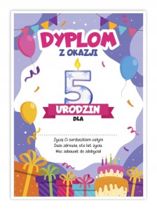 Dyplom Urodzinowy - Piąte Urodzinki  - Dyplomik dla dzieci A5 