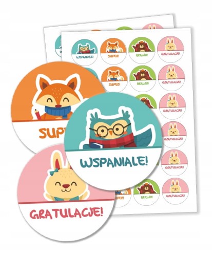 Naklejki motywacyjne zwierzątka dla uczniów zestaw 24 szt