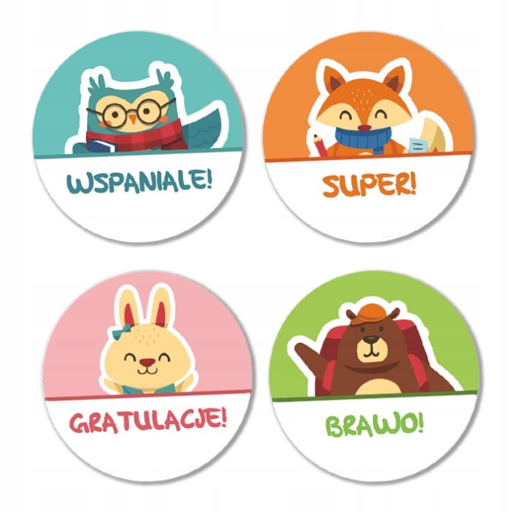 Naklejki pochwały dla dzieci zwierzęta szkolne 4cm