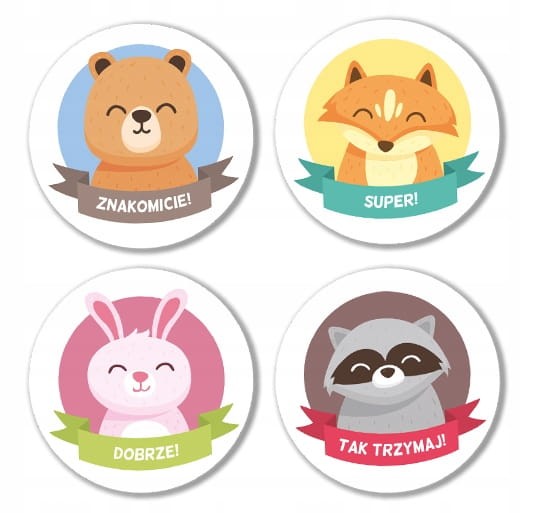 Naklejki pochwały zwierzątka dla przedszkolaka okrągłe 4cm