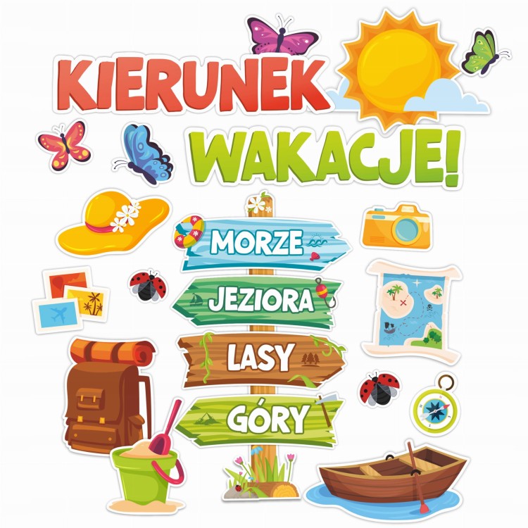 Dekoracja szkolna Kierunek Wakacje - duża ozdoba ze słońcem na zakończenie roku