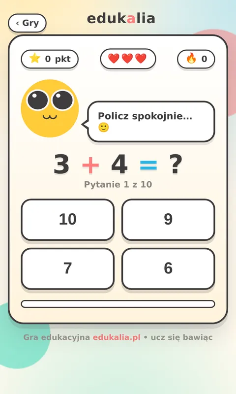 Gra online dodawanie i odejmowanie - plansza z działaniem 3+4 i czterema odpowiedziami