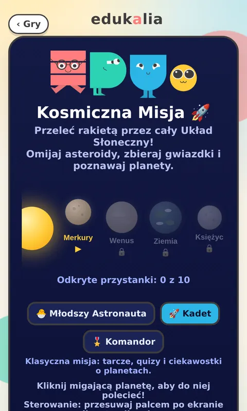 Gra Kosmiczna Misja - ekran startowy z mapą Układu Słonecznego i trybami trudności