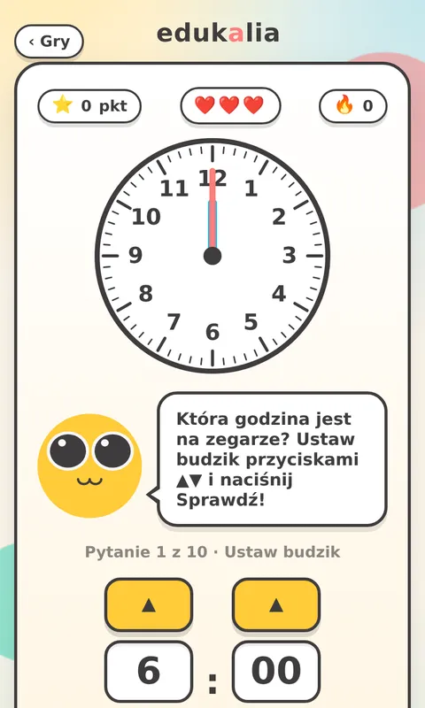 Gra Która godzina - tarcza zegara i budzik z przyciskami do samodzielnego ustawienia godziny