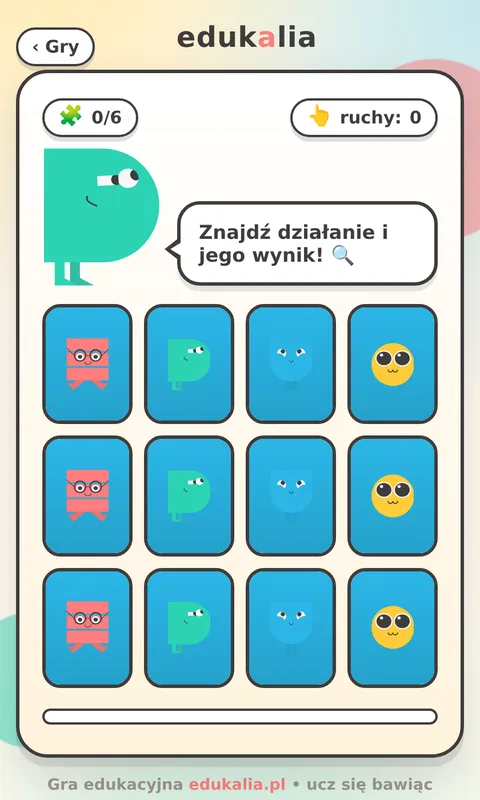 Memory online dla dzieci - odkryte karty z działaniami matematycznymi i wynikami