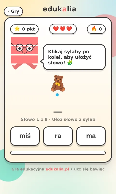 Gra nauka czytania sylabami - obrazek misia i kafelki z sylabami do ułożenia słowa