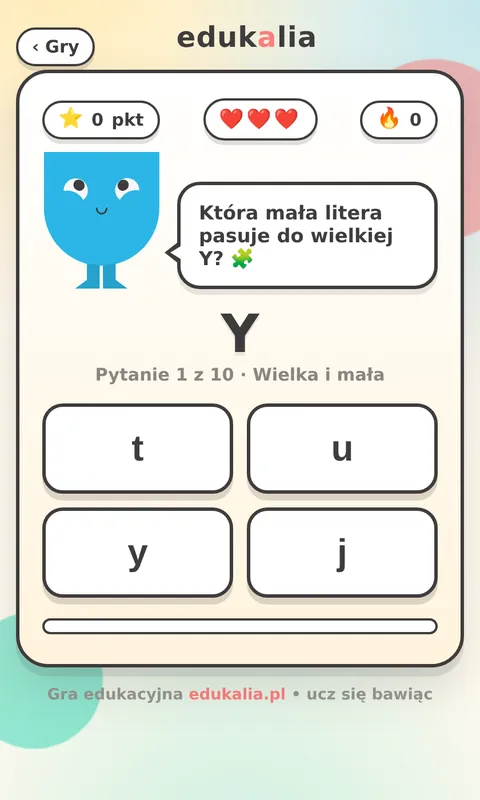 Gra nauka literek - obrazek roweru, słowo z ukrytą pierwszą literą i litery do wyboru