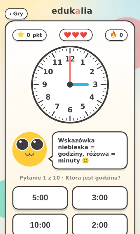 Gra nauka zegara - tarcza analogowa ze wskazówkami i cztery odpowiedzi cyfrowe