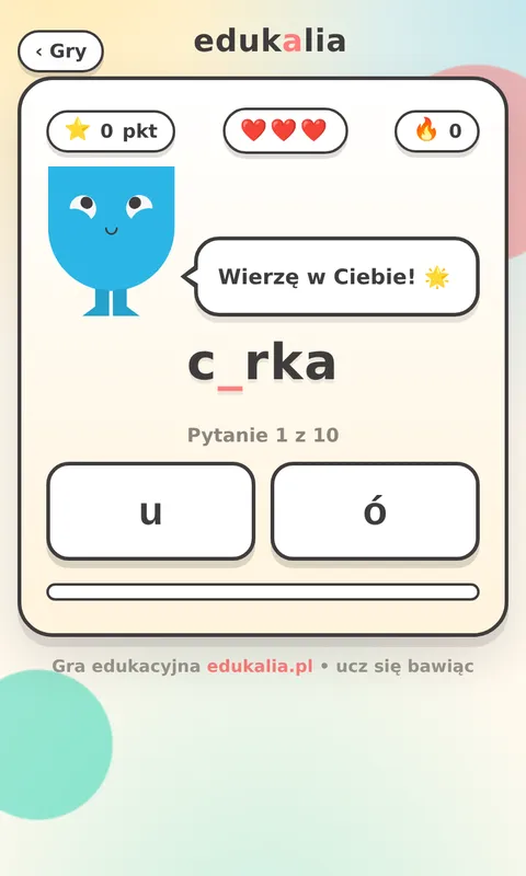 Gra ortograficzna - słowo jeż z podświetloną literą ż i ramka z zasadą ortograficzną