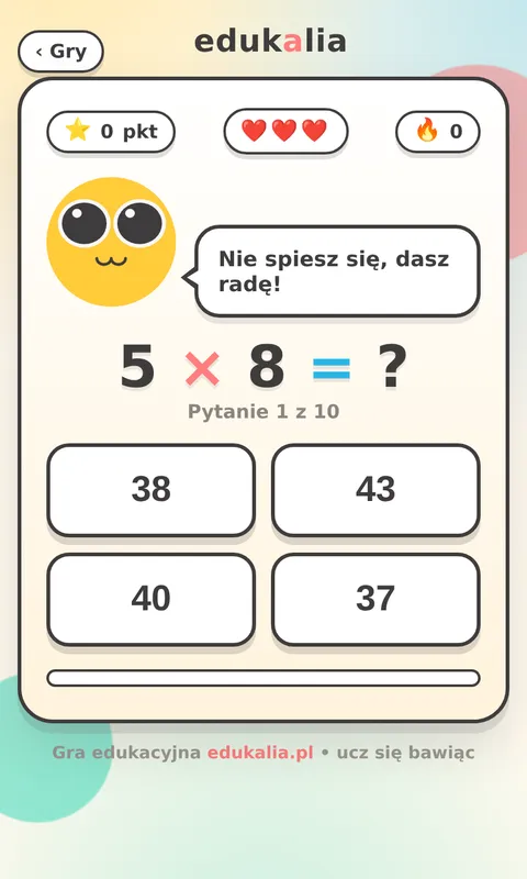 Gra online tabliczka mnożenia - plansza z działaniem 5x8 i czterema odpowiedziami do wyboru