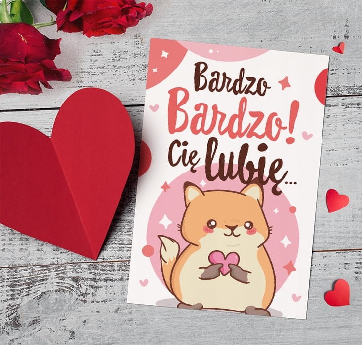 Kartka walentynkowa z kotkiem i serduszkiem - Bardzo Cię Lubię