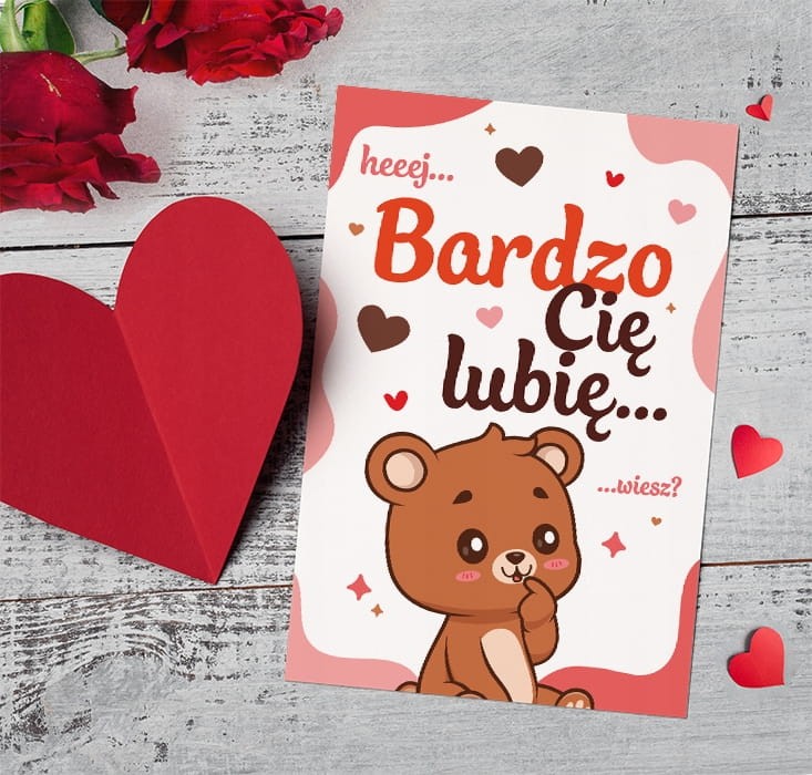Kartka walentynkowa z misiem trzymającym serduszko - Bardzo Cię Lubię