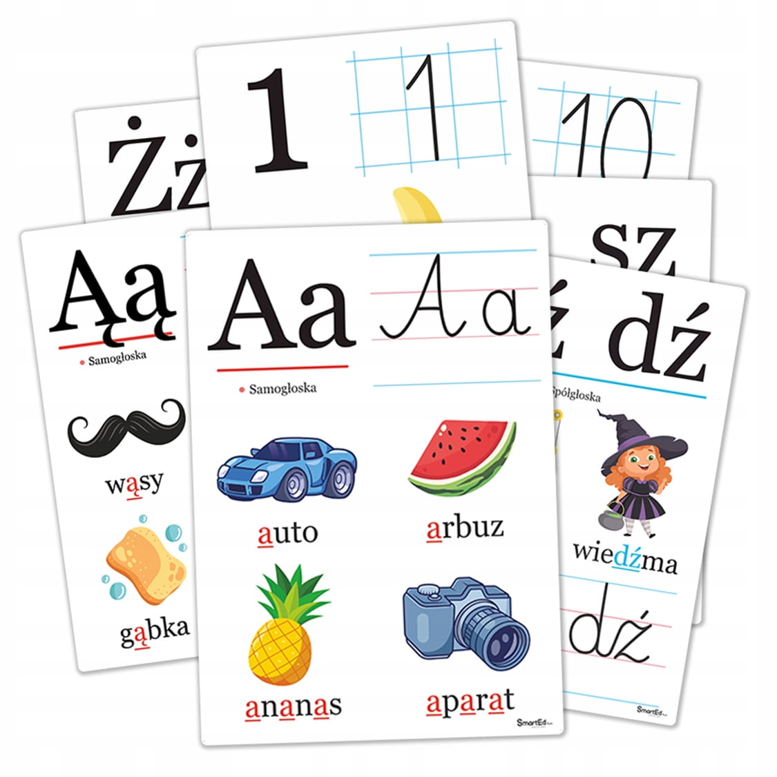 Zestaw 50 plansz edukacyjnych A5 — alfabet, dwuznaki, cyfry 0-10