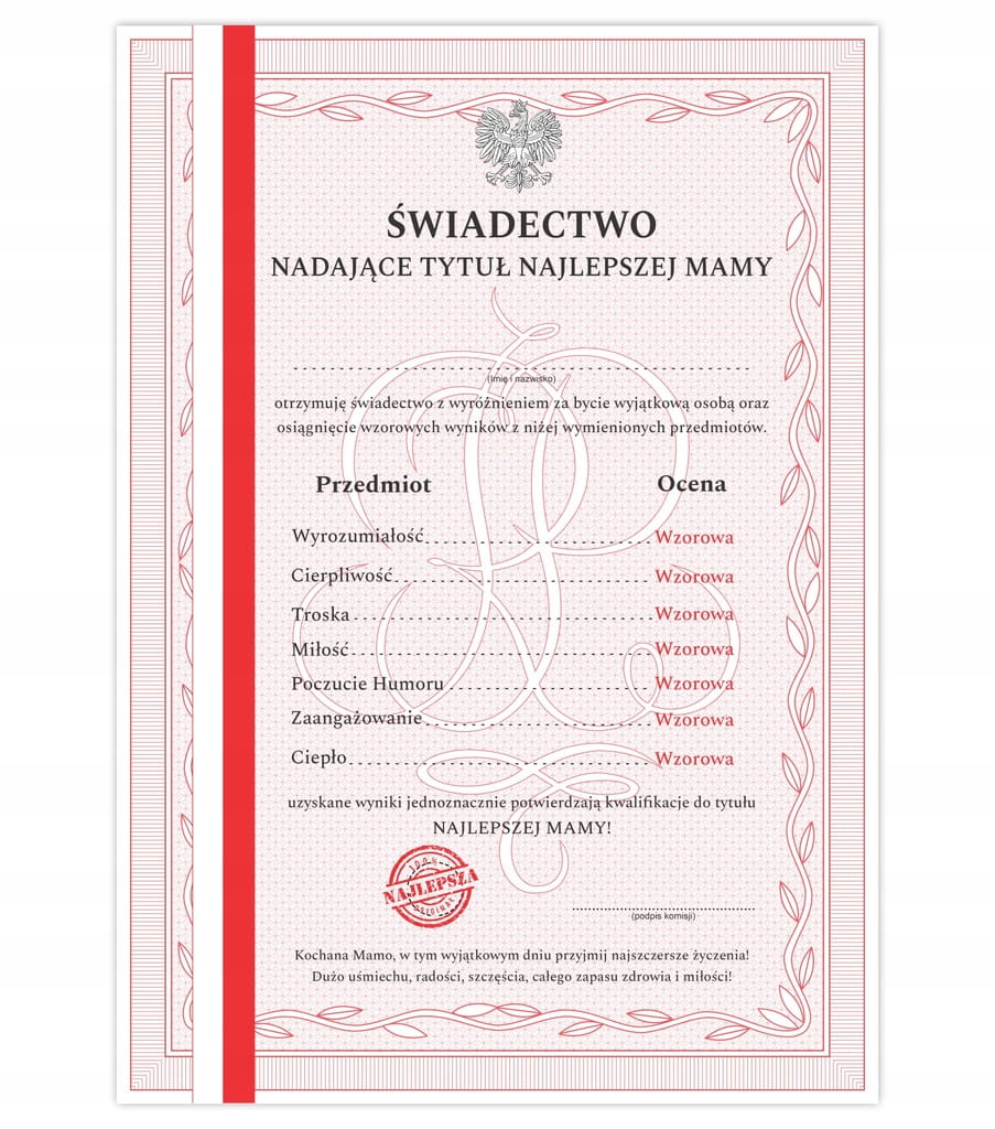 Dyplom Świadectwo z Paskiem Najlepsza Mama na Świecie A4