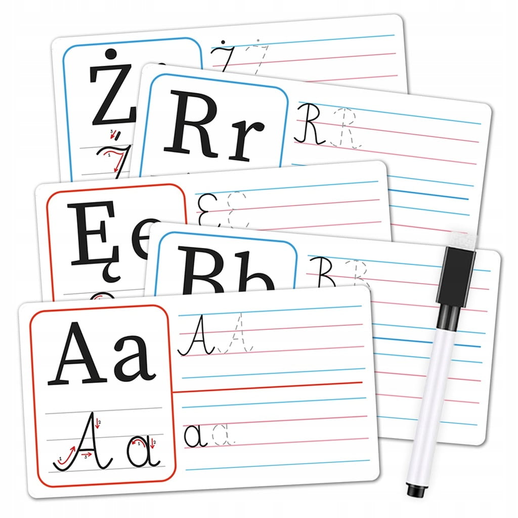 Karty do nauki pisania liter alfabetu z markerem suchościeralnym - pomoc do edukacji domowej