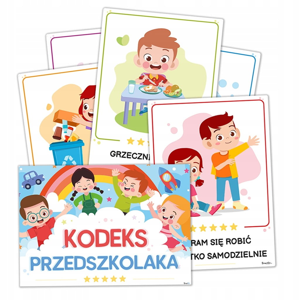 Plansze Kodeks Przedszkolaka — wizualne zasady zachowania w przedszkolu, zestaw 17 kart A5