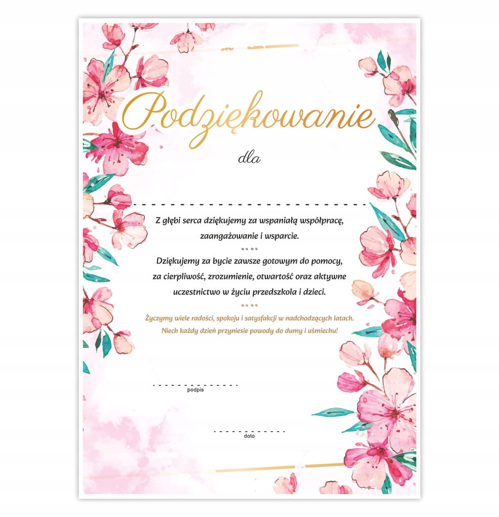 Podziękowanie dla nauczyciela z motywem kwiatów i motyli A4