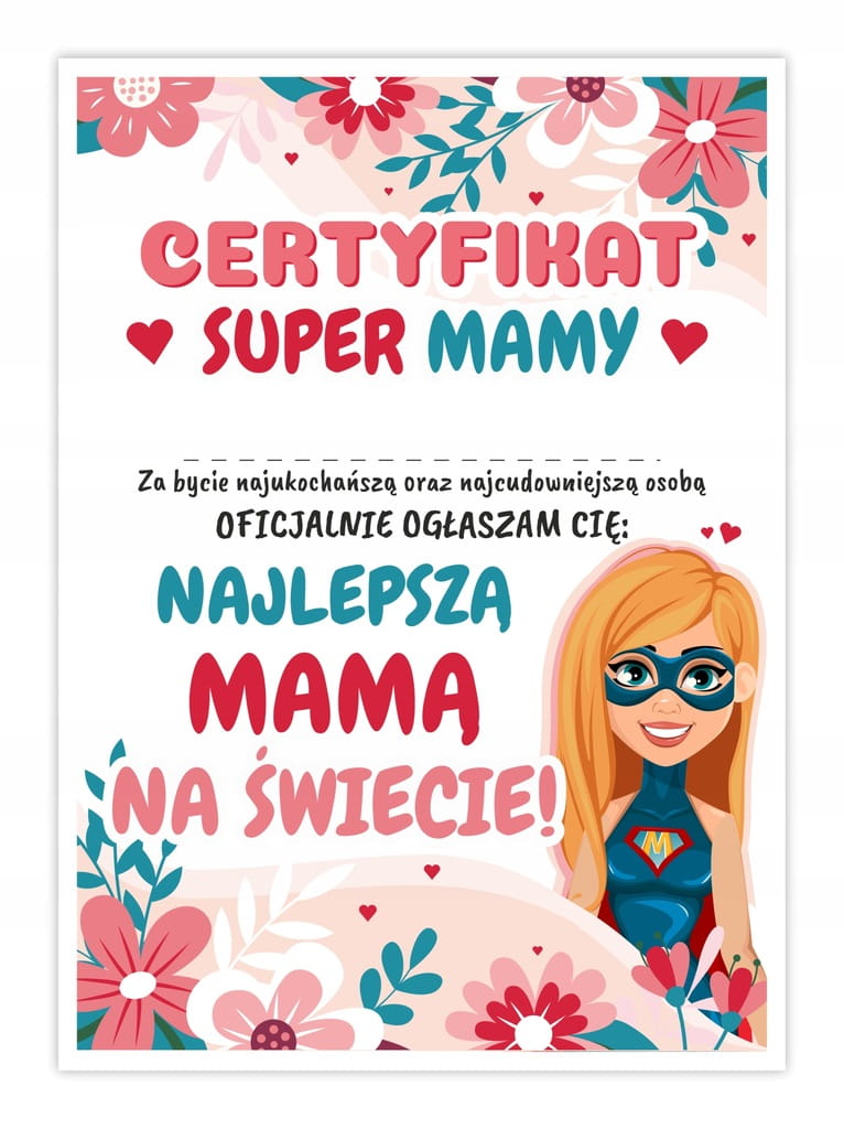 Dyplom Certyfikat Super Mama A4 na Dzień Mamy